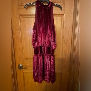 Ramy Brook L red velvet holiday mini dresss smocked L like new